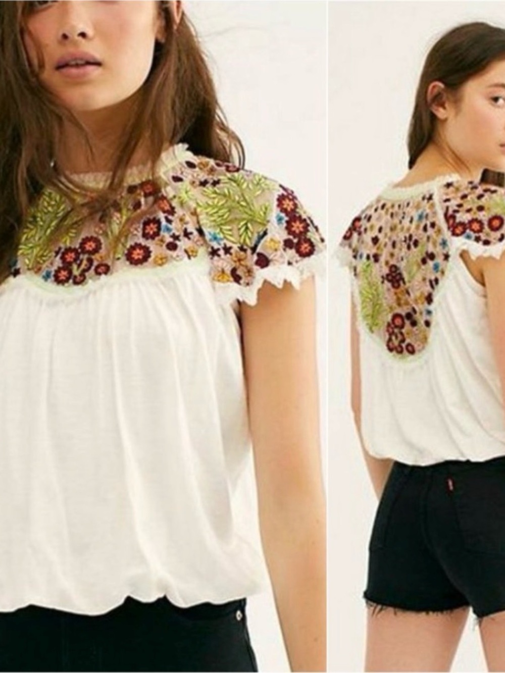 Free People White Embroidered Cap-Sleeve Women's Top - Free People’s Sundown Top